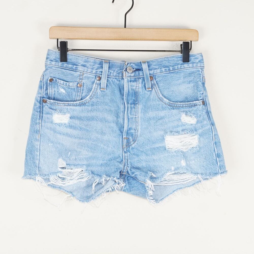 Levis 501 High Rise Ice Cloud Blue Distresesd Cut Off Denim Shorts Womens Sz 27